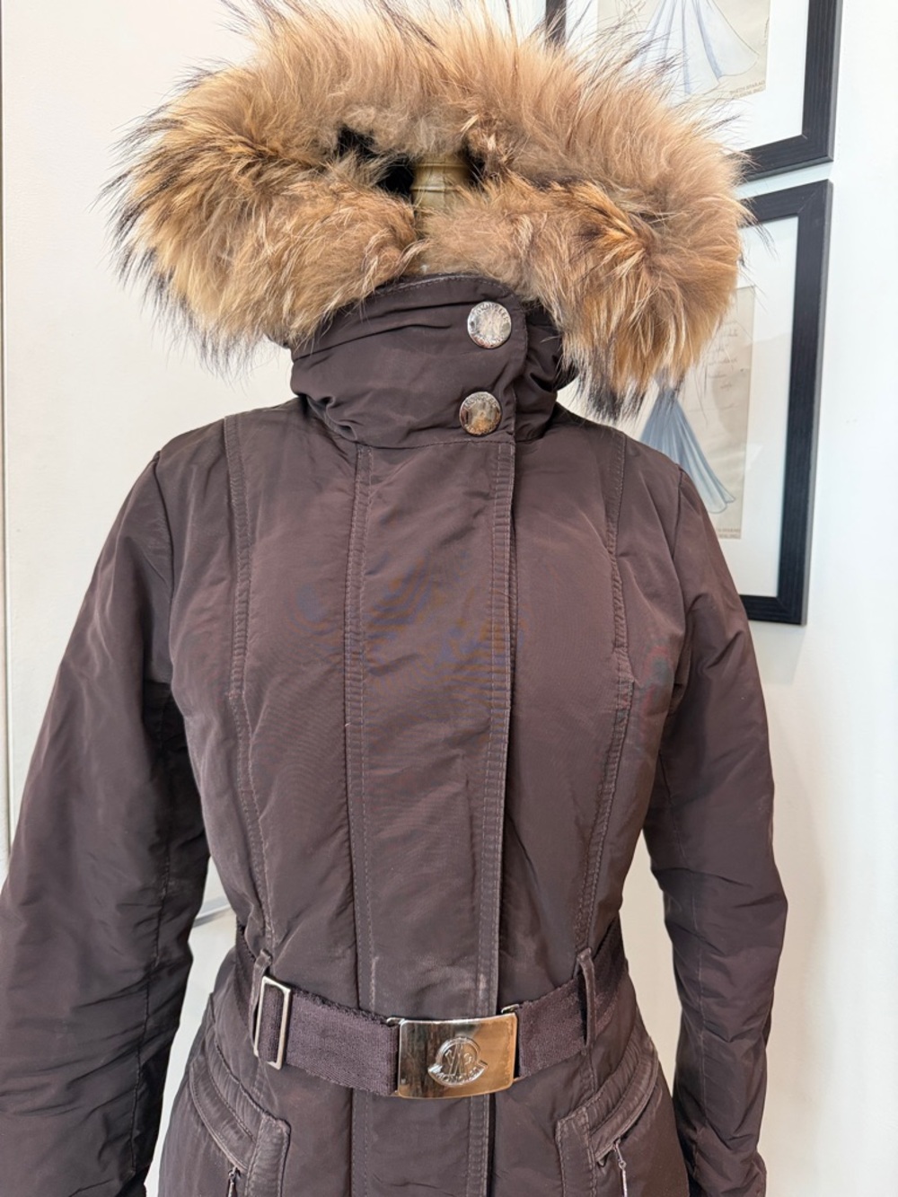 Moncler Brown Quilted Belted Trench Coat with Fur Trim Hood - Picture 4 of 9